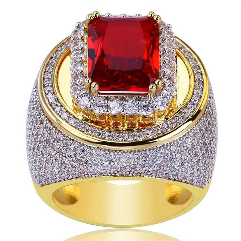 Fashion Big Male Wide Red Zircon Stone Geometric Ring Luxury Yellow Gold Iced Out Wedding Rings for Men Women Hip Hop Z3c175 Q07082174070