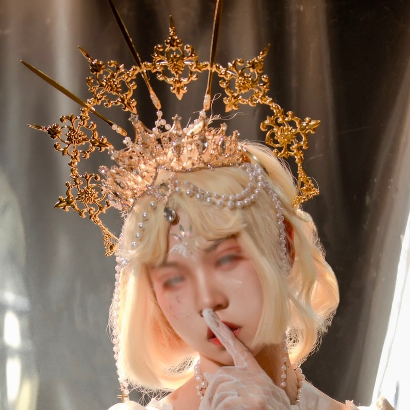 DIY KIT personalizada artesanal Tiaras góticos góticos Coroa de halo de noiva Angel Virgem Mary Metal Rose Rose com cadeia de contas