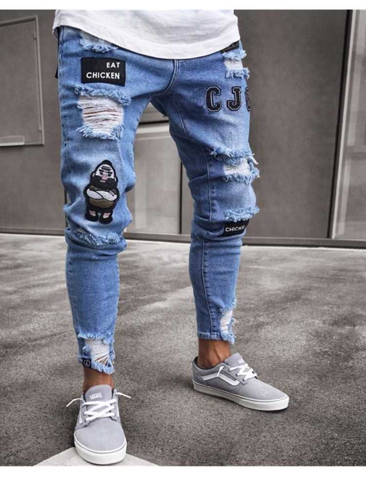 Vita broderier jeans män bomull stretchiga rippade magra jeans högkvalitativa hiphop svart hål smal passform överdimensionerade denim byxor hkd230829