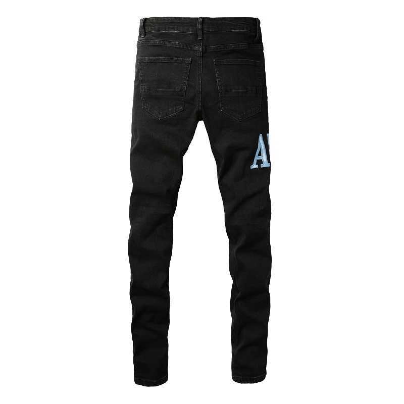 De bestseller van hoge kwaliteit merk heren zwarte streetwear slim fit jeans lederen letters geborduurde patches stretch jeans HKD230829