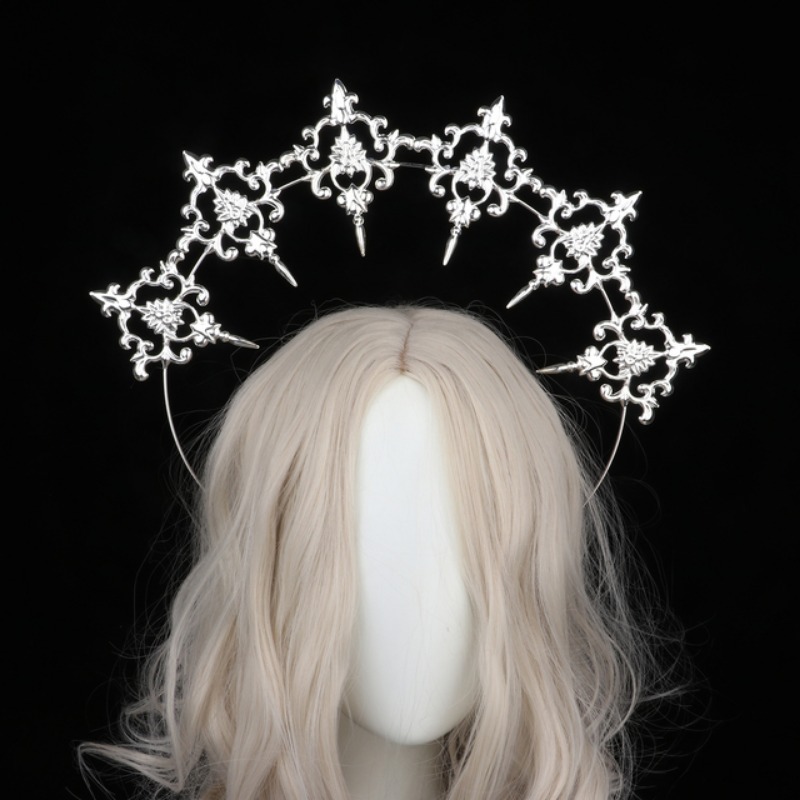Srebrny Gothic Kc Halo Crown Headpiece Lolita Sun Goddess Queen Baroque Tiara Halloween Pałąk na głowę akcesoria do włosów