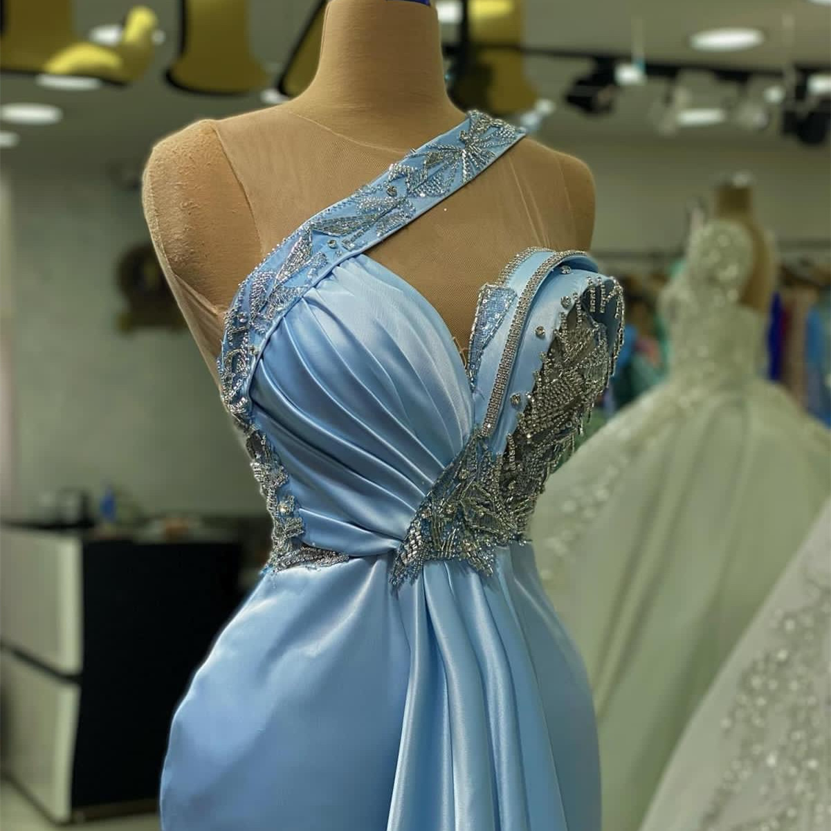 2023 Aso Ebi Arabic Sky Blue Syrenca Sukienka PROM Kryształy wieczór Formalne przyjęcie Drugi przyjęcie urodzinowe suknie zaręczynowe sukienki szata de soiree ZJ26