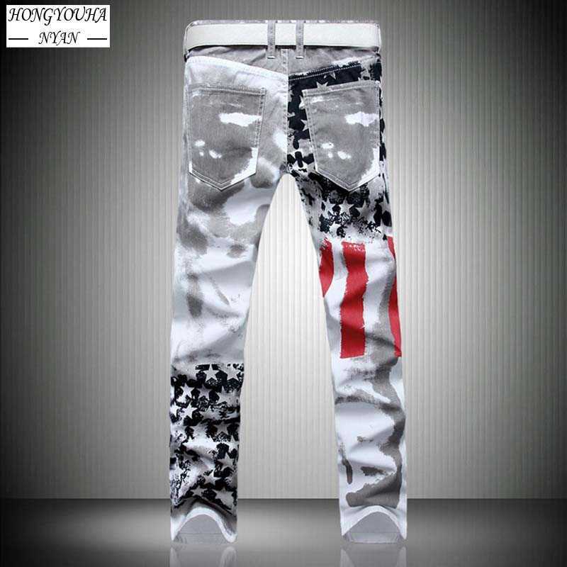 Jeans da uomo Pantaloni casual da uomo con bandiera americana stampata streetwear Moda Harajuku Pantaloni slim in denim dritto alta elasticità Hip Hop HKD230829