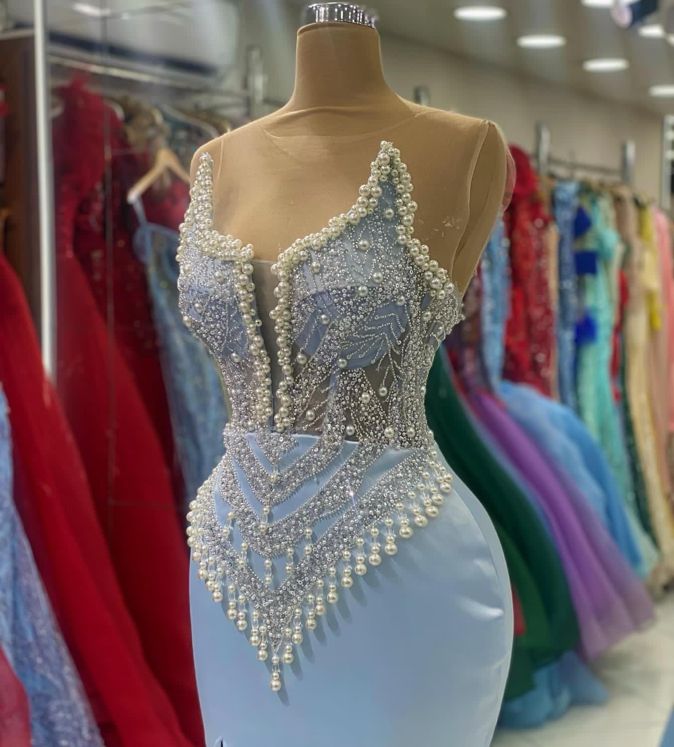 2023 Aso Ebi Arabo Sirena Cielo Blu Prom Dress Perle In Rilievo Raso Serata Formale Festa Secondo Ricevimento Compleanno Abiti di Fidanzamento Abiti Robe De Soiree ZJ32