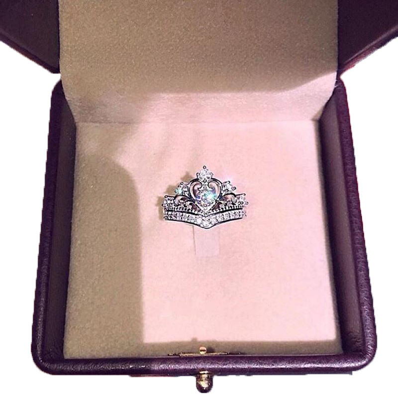 Sparkling Ins Top Sell Lovely Fine Jewelry 925 Sterling Silver Crown Ring White Topaz CZ Diamond Promes