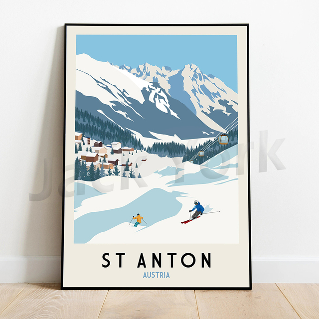 Peinture sur toile dessin animé ski neige montagne paysage affiche et impression mur art photo murale chambre salon décor à la maison sans cadre Wo6