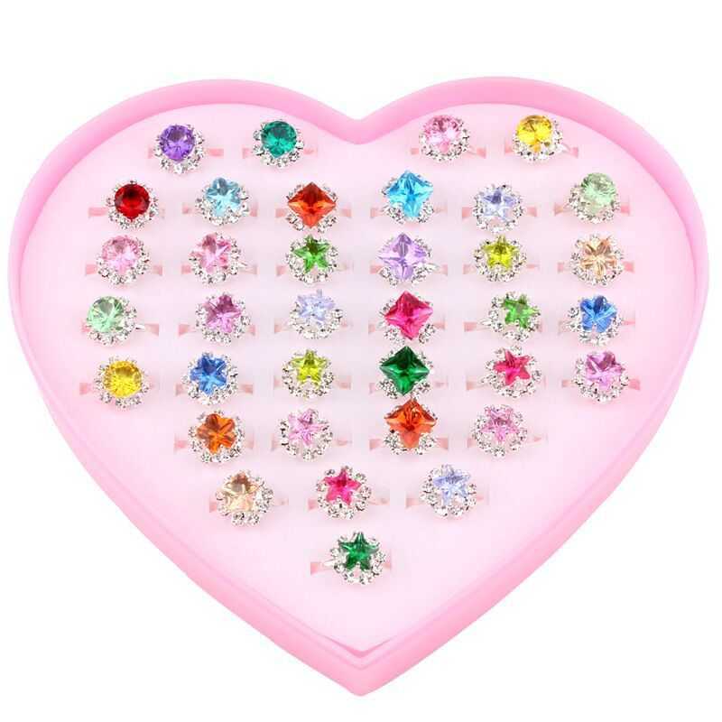 子供用リングセットラインストーンガールズエクサイターリングバックルカラーダイヤモンドかわいい赤ちゃん調整可能なラブボックス36ピース