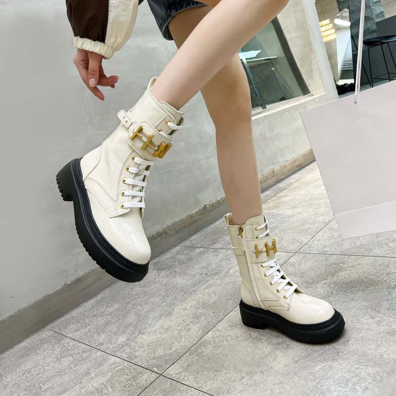 Martin Boots booties Luxury Designer Gold Metal Buckle Decoration Cowskin Low Heel Lace Up Round Toes Zip Monolith chelsea With Woman Motorcycle222