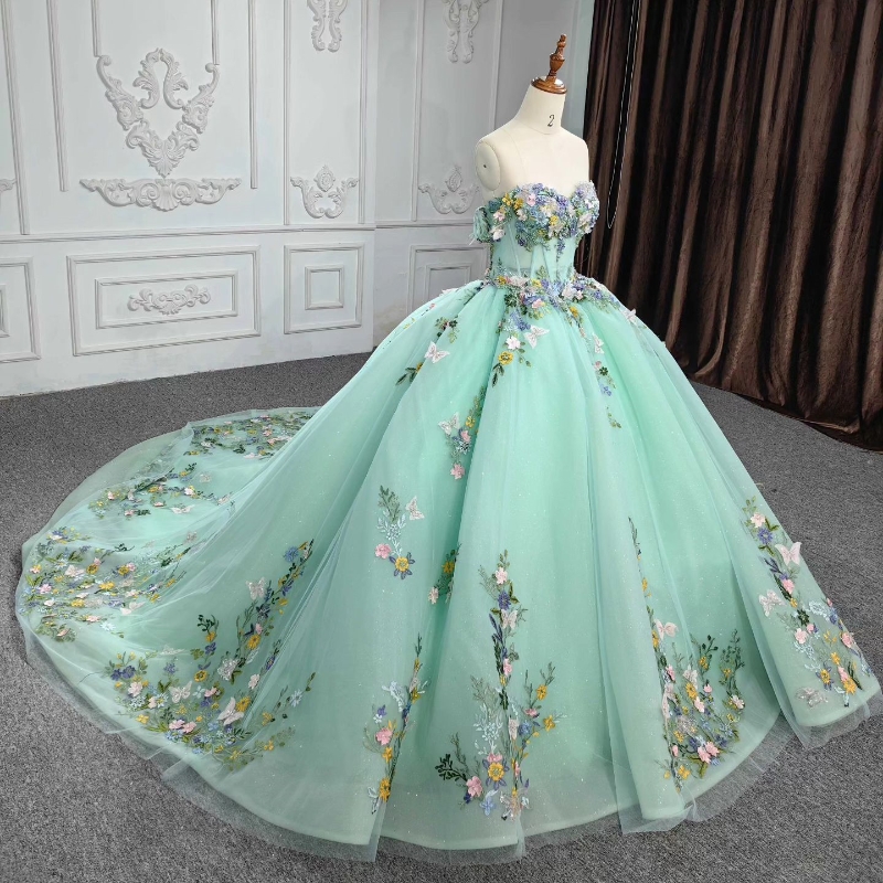 Sage Green Shiny Sweetheart Princess Quinceanera klänningar från axel 3D Applique Floral pärlspetsade snören Corset Prom de 15 Anos