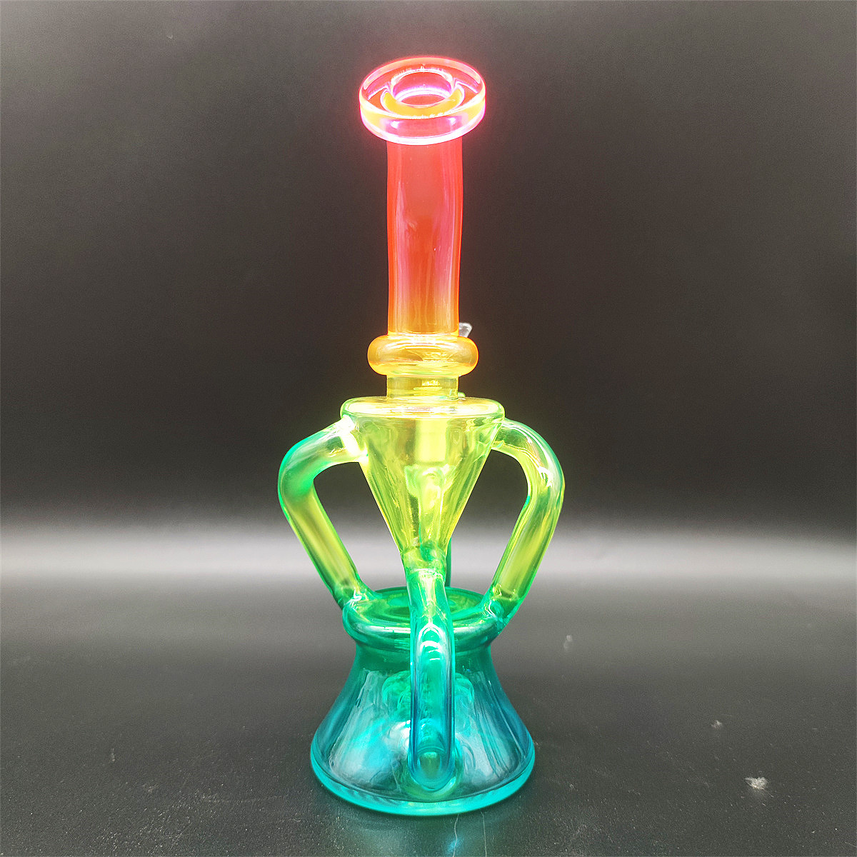 Klein Heady Bong in vetro a doppia camera Arcobaleno metallico Girly Narghilè Bong in vetro Dabber Rig Riciclare Tubi Incycler Bong ad acqua Tubo fumo Giunto femmina da 14,4 mm Ciotola normale