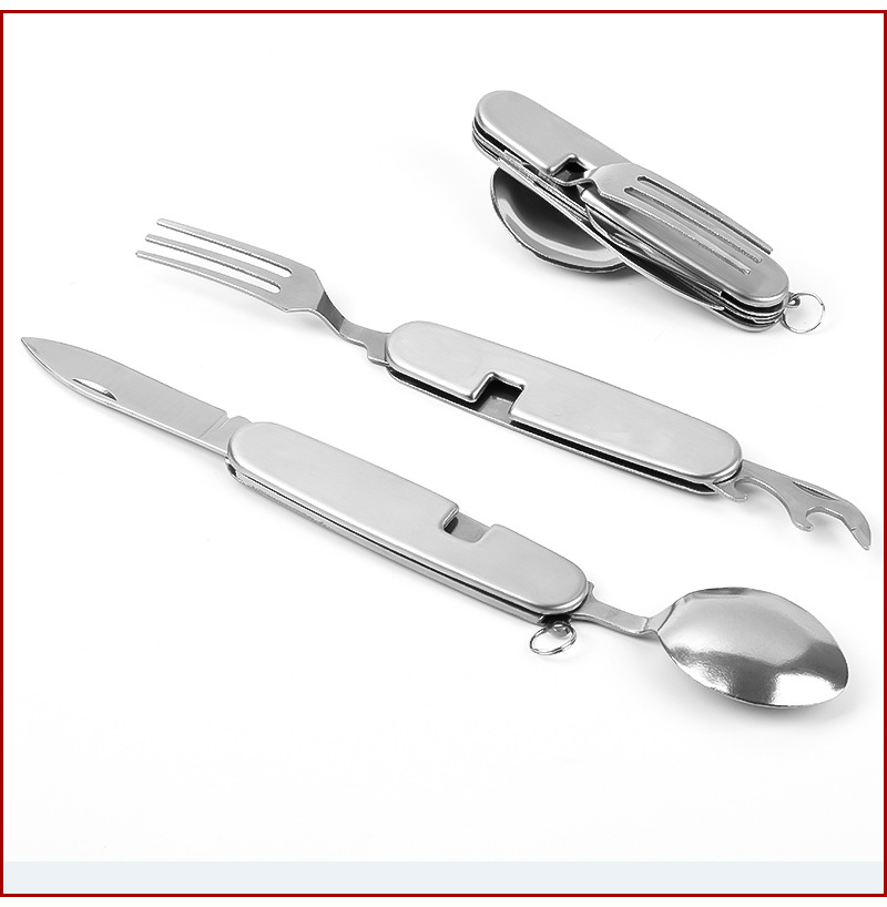 4-in-1-Campingbesteck, silbernes Klappbesteck-Set mit Messer, Gabel, Löffel, Flaschenöffner, EDC-Werkzeug, Gadgets für Wandern, Camping, Picknick