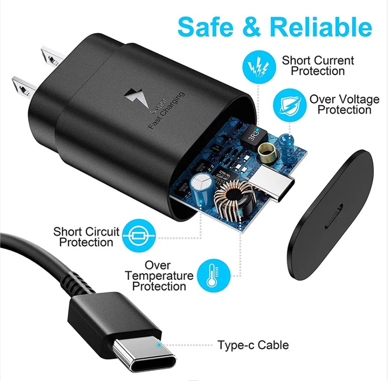 Chargeur mural USB-C PD 25 W 45 W Type-C Adaptateur de charge ultra rapide avec câble de type C pour smartphones Android Samsung Galaxy S21 S20 Note 20 Note 10