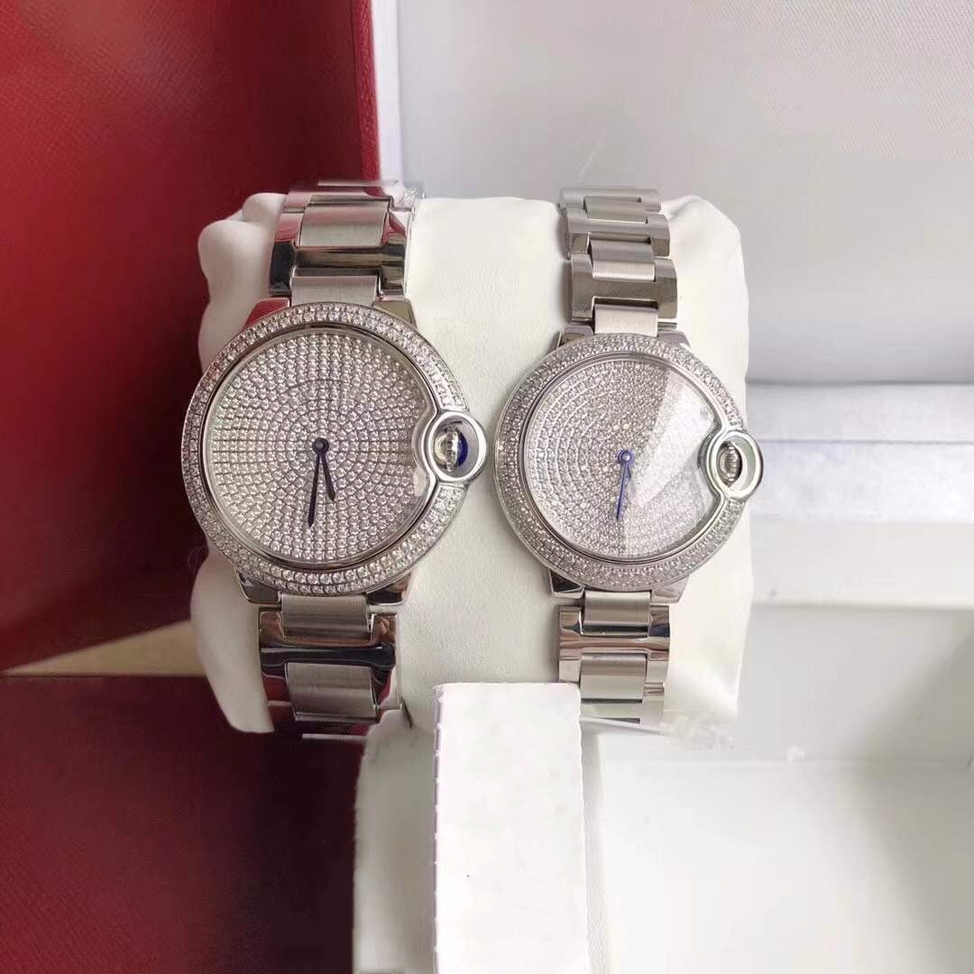 Klassiek nieuw roestvrij staal quartz horloge volledige AAA zirkoon wijzerplaat dames dubbele rij diamanten horloge geometrisch cirkelhorloge blauwe wijzerklok 33 mm 36 mm