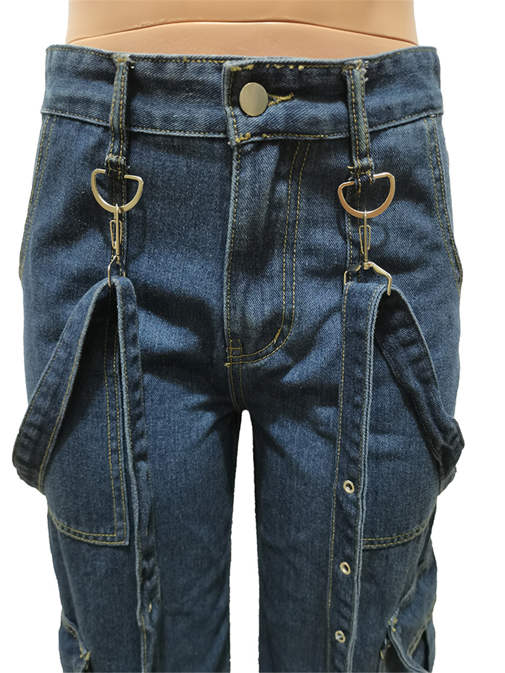 Jeans firmati da donna Pantaloni cargo in denim blu a vita alta Tasche vintage Pantaloni effetto consumato Streetwear Abiti all'ingrosso all'ingrosso 10088