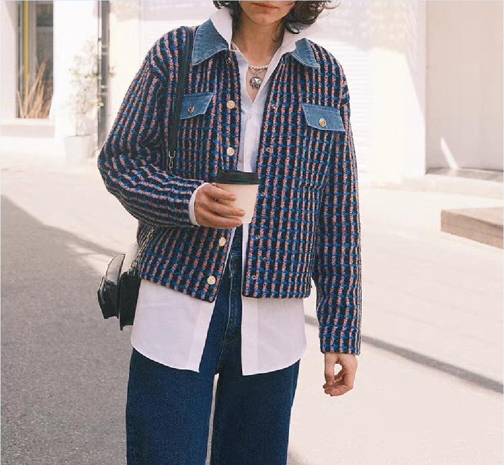 New Spring/Summer 2023- sandro-Checkered denim patchwork knitted cardigan women`s jacket short A-line wide leg shorts