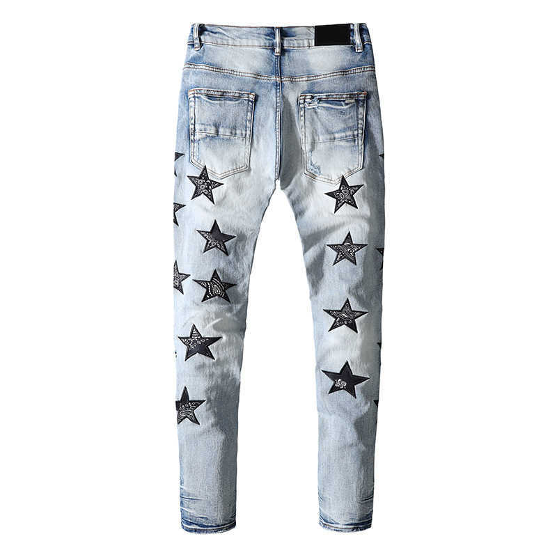 OFF Street marque de mode lavé eau bleu fleur de cajou étoile à cinq branches broderie Patch trou Slim Fit jean