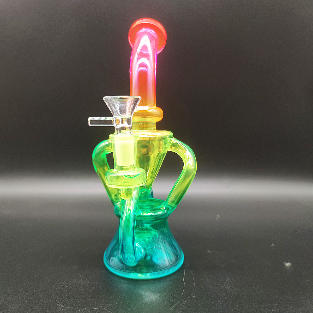 Klein Heady Bong in vetro a doppia camera Arcobaleno metallico Girly Narghilè Bong in vetro Dabber Rig Riciclare Tubi Incycler Bong ad acqua Tubo fumo Giunto femmina da 14,4 mm Ciotola normale