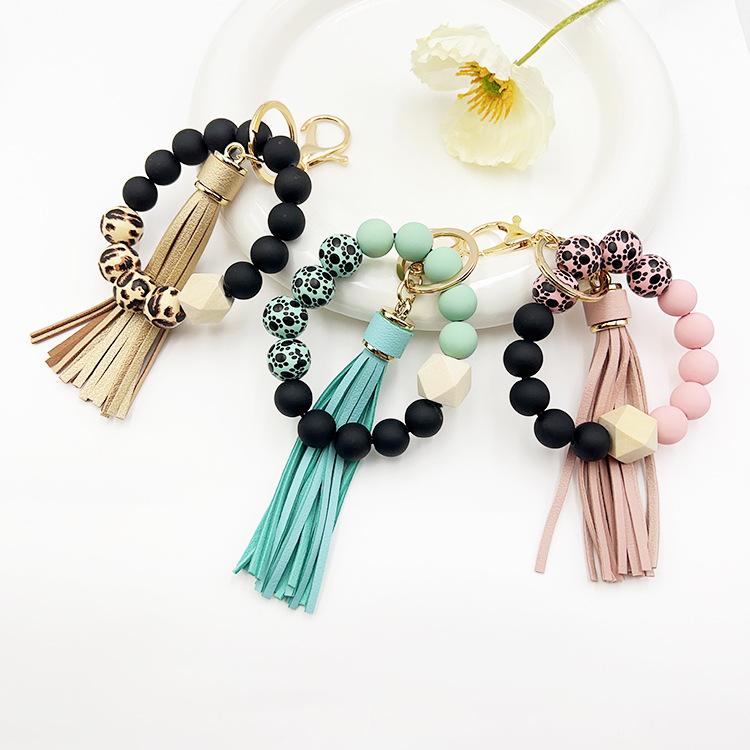 Creative fashion silicone wood bead chain fringe key chain bag Lanyard Charms Pendant Accessories Y23278