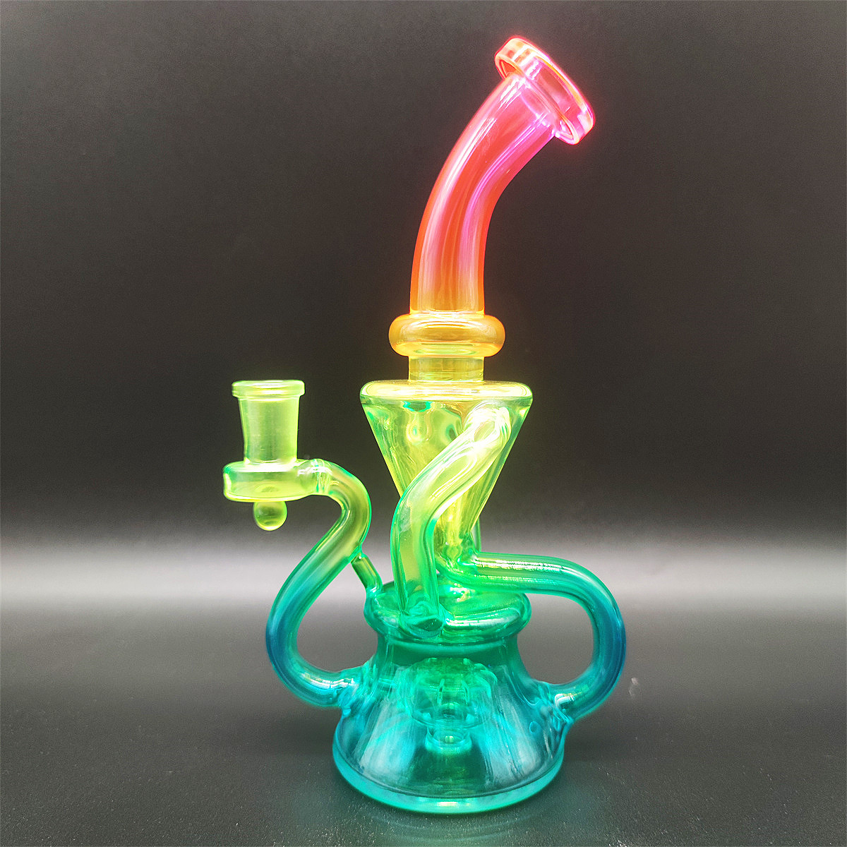 Klein Heady Bong in vetro a doppia camera Arcobaleno metallico Girly Narghilè Bong in vetro Dabber Rig Riciclare Tubi Incycler Bong ad acqua Tubo fumo Giunto femmina da 14,4 mm Ciotola normale