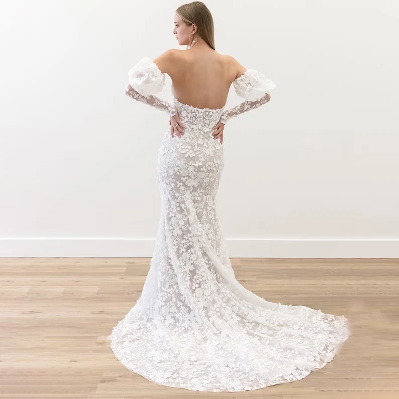 Full lace Juliet Long Sleeves Mermaid Wedding Dresses Open Back Bridal Wedding Gowns For Bride Robe De Mariee