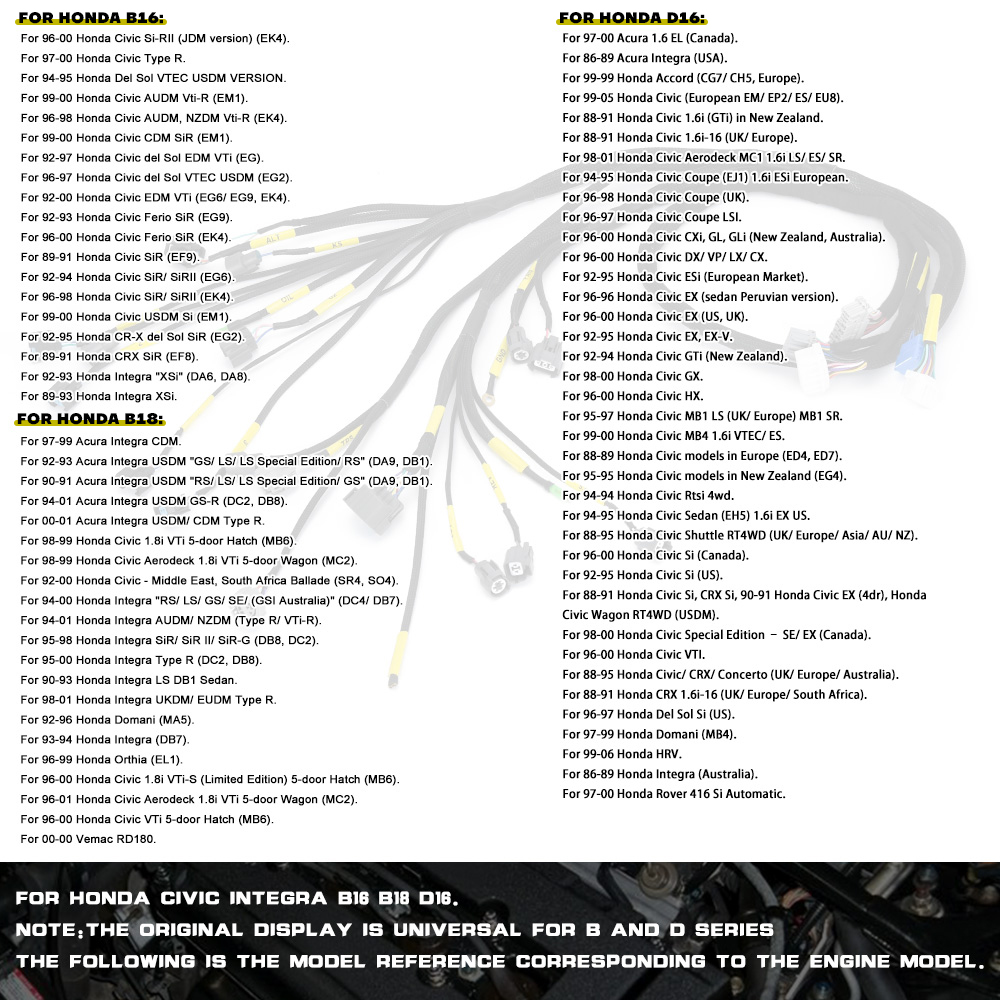Tucked motorsele för 92-00 Honda Civic Integra B16 B18 D16 EK EM Motor Motor Wiring Harness CNCH-OBD2-1 PQY-FIC25