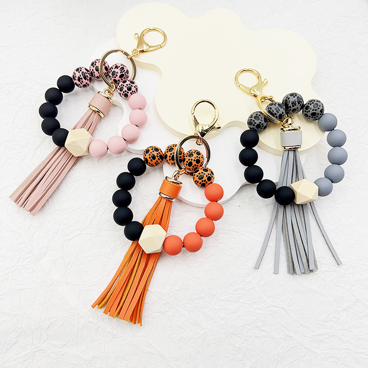 Creative fashion silicone wood bead chain fringe key chain bag Lanyard Charms Pendant Accessories Y23278