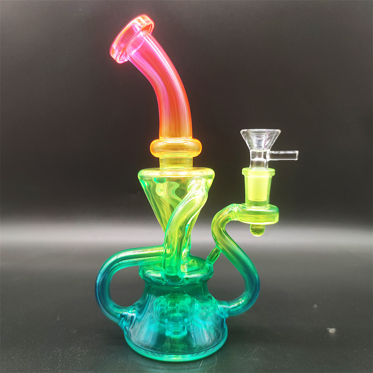 Klein Heady Bong in vetro a doppia camera Arcobaleno metallico Girly Narghilè Bong in vetro Dabber Rig Riciclare Tubi Incycler Bong ad acqua Tubo fumo Giunto femmina da 14,4 mm Ciotola normale