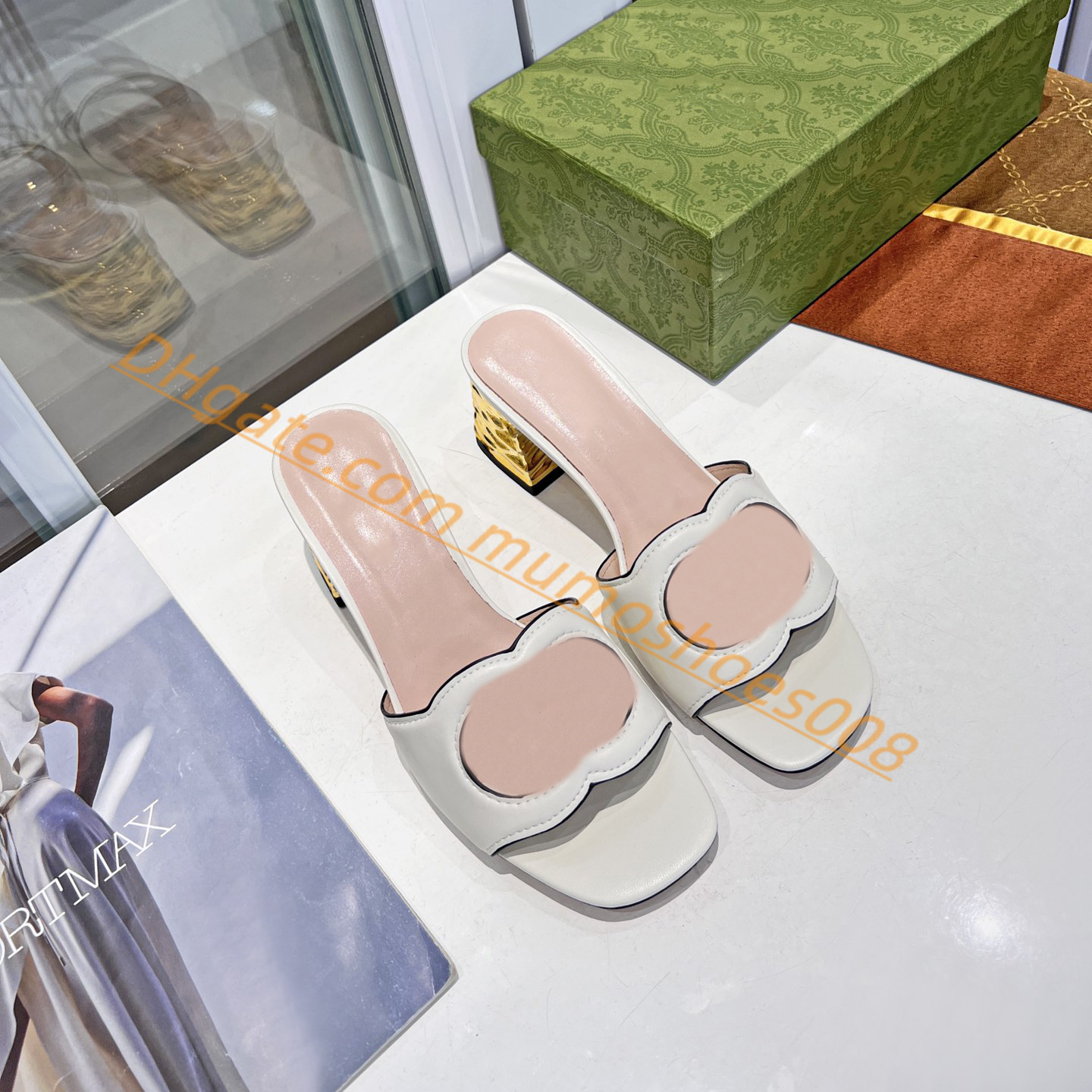 Wholesale Designer Sandals womens Hammered Heels Mid Heels 2.1'' heel Cut Out Interlocking Letters Genuine Leather sandals Outdoor shoes Flip flops slippers slides