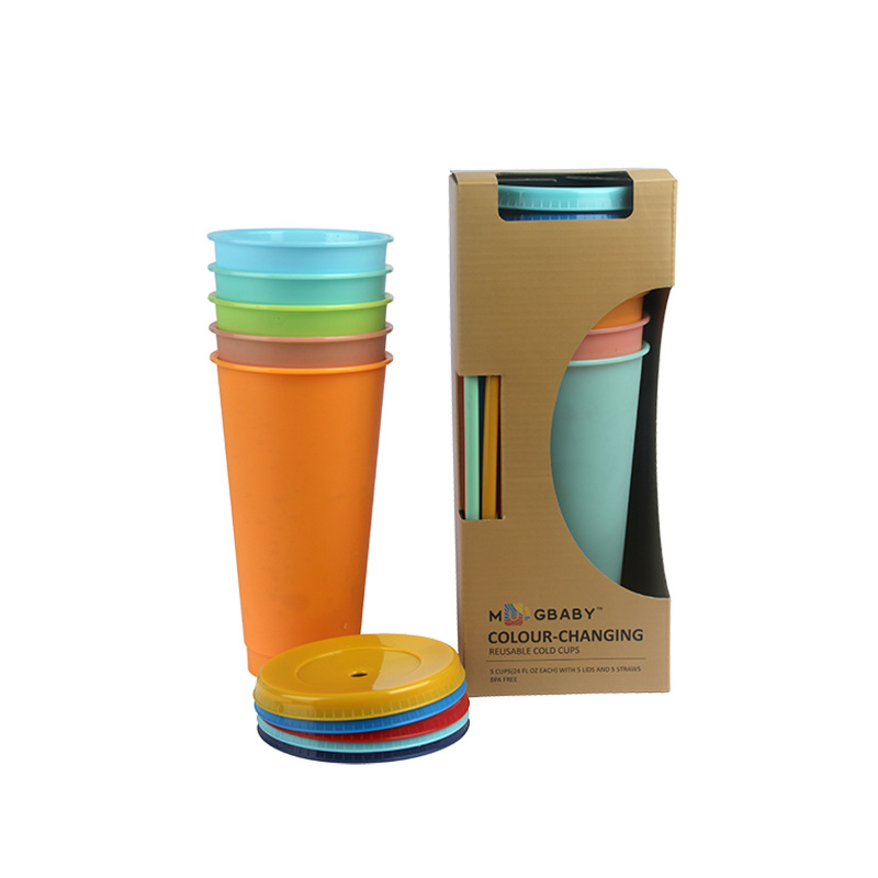 PP Discoloration Straw Cup Lid Reusable Cups Colorful Solid Color Changing Plastic Heat Insulation Portable Tumbler Magical Juice Coffee Mug Z0058