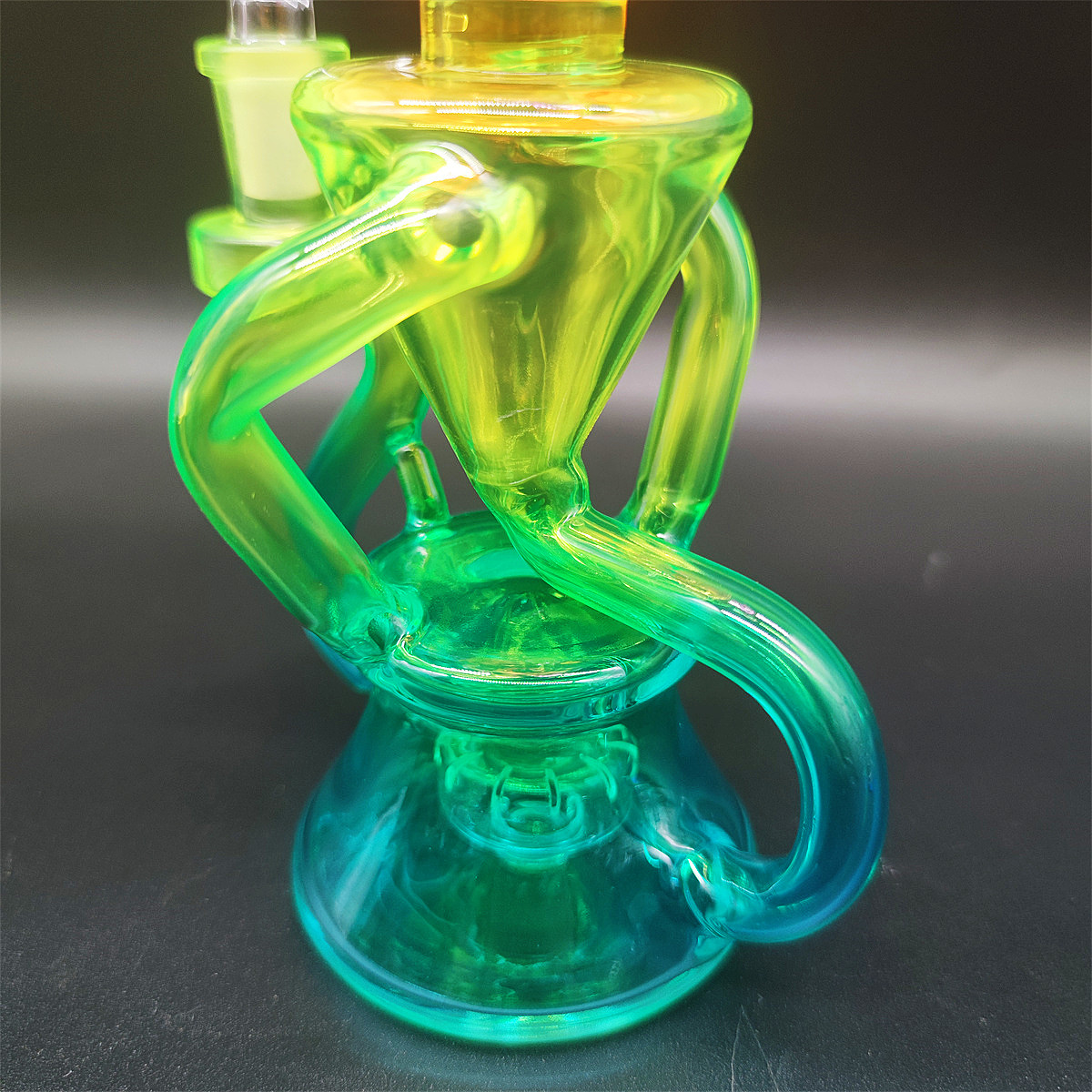 Klein Heady Bong in vetro a doppia camera Arcobaleno metallico Girly Narghilè Bong in vetro Dabber Rig Riciclare Tubi Incycler Bong ad acqua Tubo fumo Giunto femmina da 14,4 mm Ciotola normale