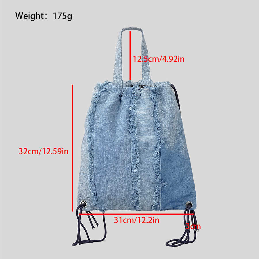 Tie-dyed denim drawstring cuffed backpack with tassel canvas outdoor sports and fitness bag, fashionable and simple shoulder bag 230831