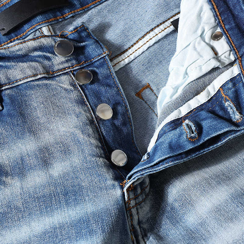 OFF Street marque de mode lavé eau bleu fleur de cajou étoile à cinq branches broderie Patch trou Slim Fit jean