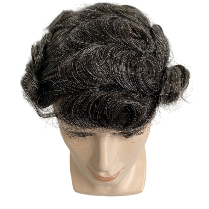 European Virgin Human Hair Ersättning 32mm Wave 1B30 Gray Knots Pu Toupee 8x10 Skin Unit for White Man