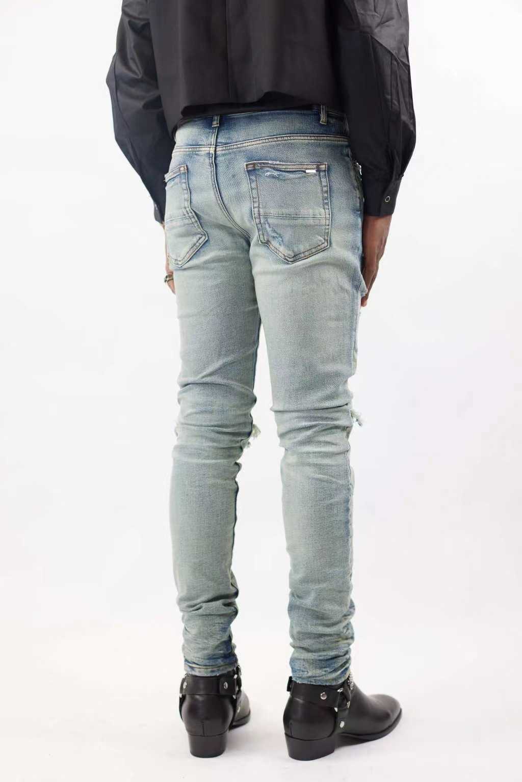 Men's Summer Light Blue Leather Patch Broken Jeans Men