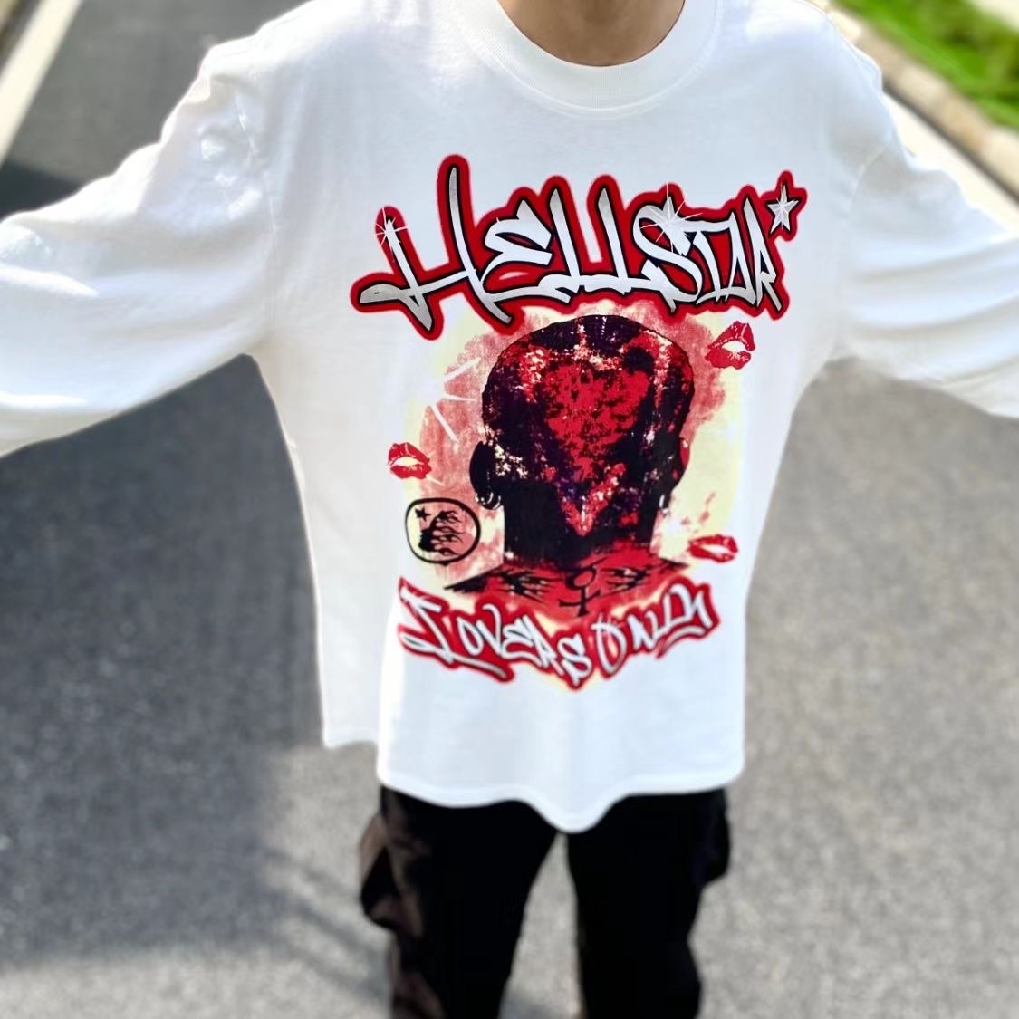 HELLSTAR Rodman Flame Heart limited American street graffiti hip hop style High street long sleeve Men Sweatshirts round neck outdoor casual Street Hoodies SMLXL