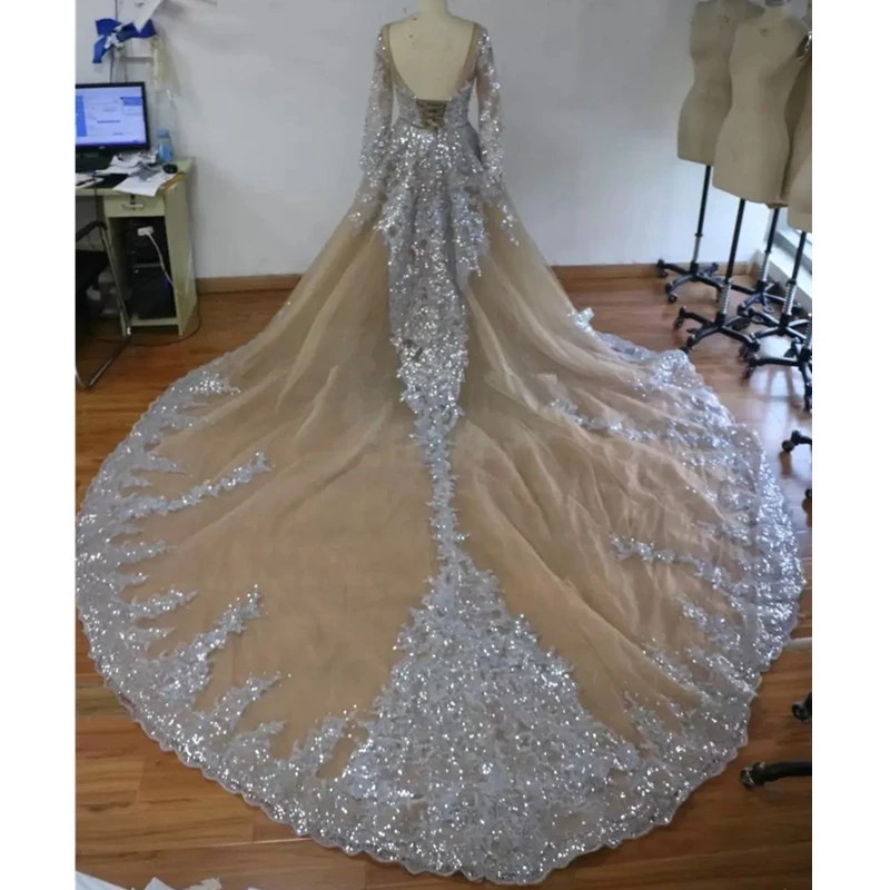 Sparkly Ball Gown Wedding Dresses Sheer Neck Sequins Beaded Tulle Long Sleeves Backless Wedding Gowns Plus Size Bridal Dresses