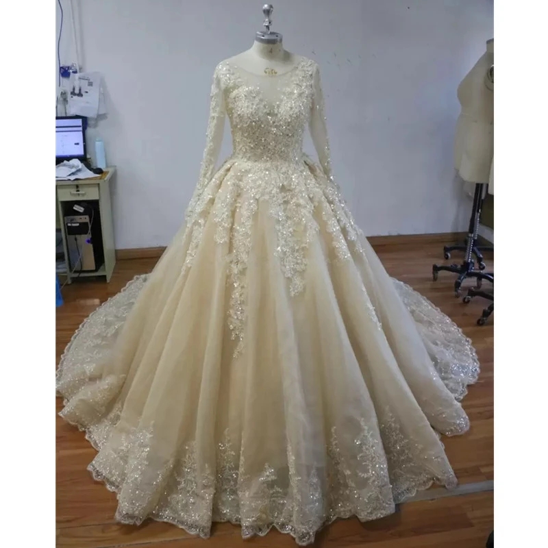 Sparkly Ball Gown Wedding Dresses Sheer Neck Sequins Beaded Tulle Long Sleeves Backless Wedding Gowns Plus Size Bridal Dresses