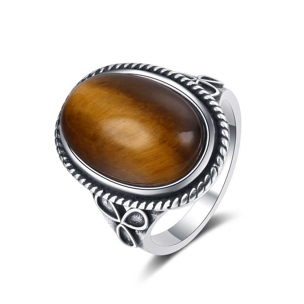 Cluster Rings Oval Large Natural Tiger Eye Rings 925 Sterling Silver Jewelry for Women Vintage Engagement Wedding Anniversary Gift G230228