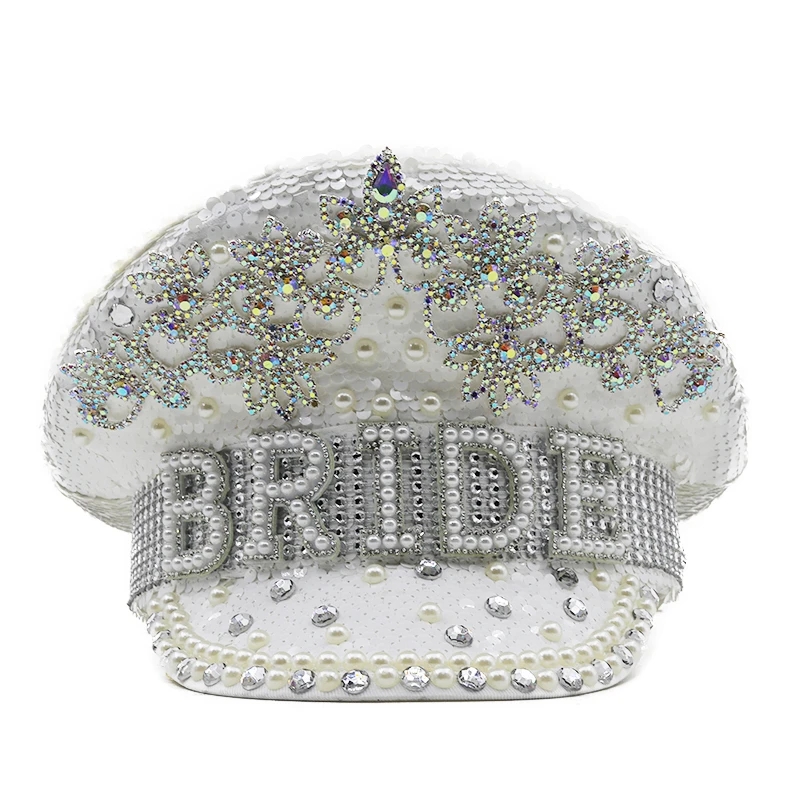 Luxury Women Bride Military Hat Luxury Sequin Burning Captain Sergeant Hat Rhinestone Festival Birthday Part Hat