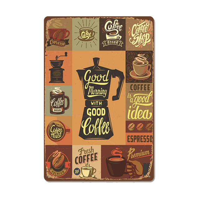 Coffee art painting Plate Vintage Metal Tin Signs Retro Coffee Time Metal Plaques for Cafe Kitchen Living Room Home Wall Art personalized Decor Size 30X20CM w02