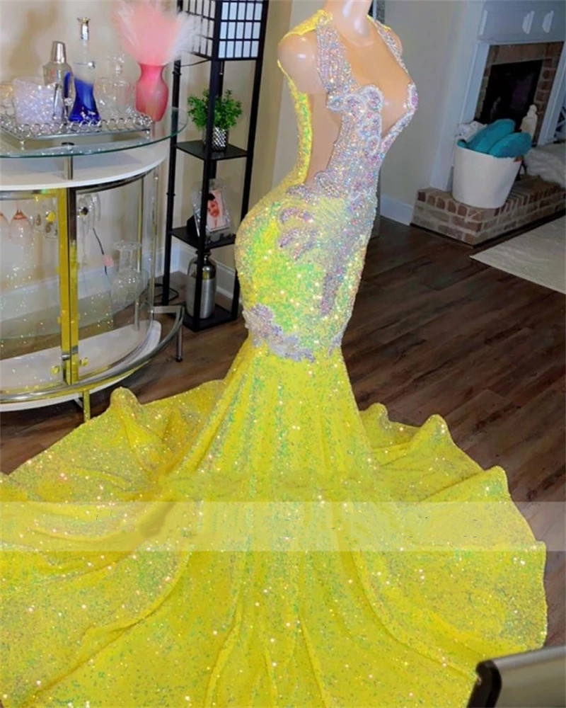 Sparkly Yellow Mermaid Prom Dresses 2023 Sheer Neck Crystals Rhinestones Luxury Plus Size Birthday Party Gowns Robe De Bal