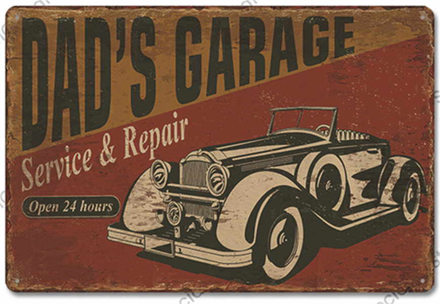 Dad's Garage, Kunstgemälde, Metall-Blechschilder, Poster, Vintage-Route 66-Auto, Metallblech, Retro-Plakette, Garage, Reifenladen, Wand, personalisierte Kunstdekoration, Größe 30 x 20 cm, w02