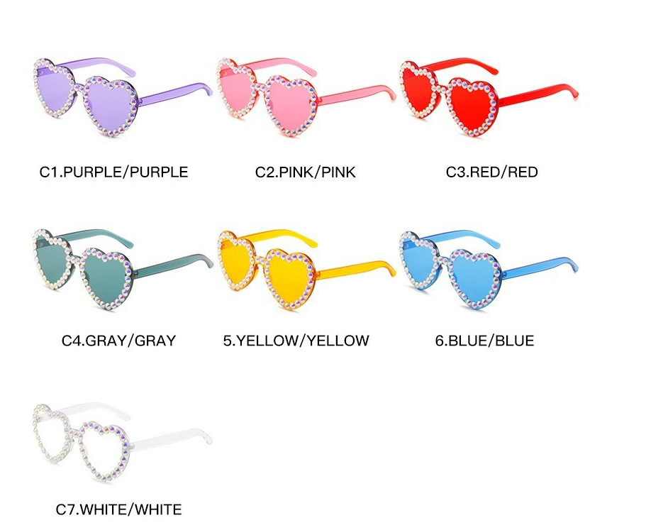 Liebes-Herz-Sonnenbrille, diamantbesetzte Blumen, Sonnenbrille in Gelee-Farbe, randloser Rahmen, schillernde, farbenfrohe, getönte Brille mit klaren Gläsern