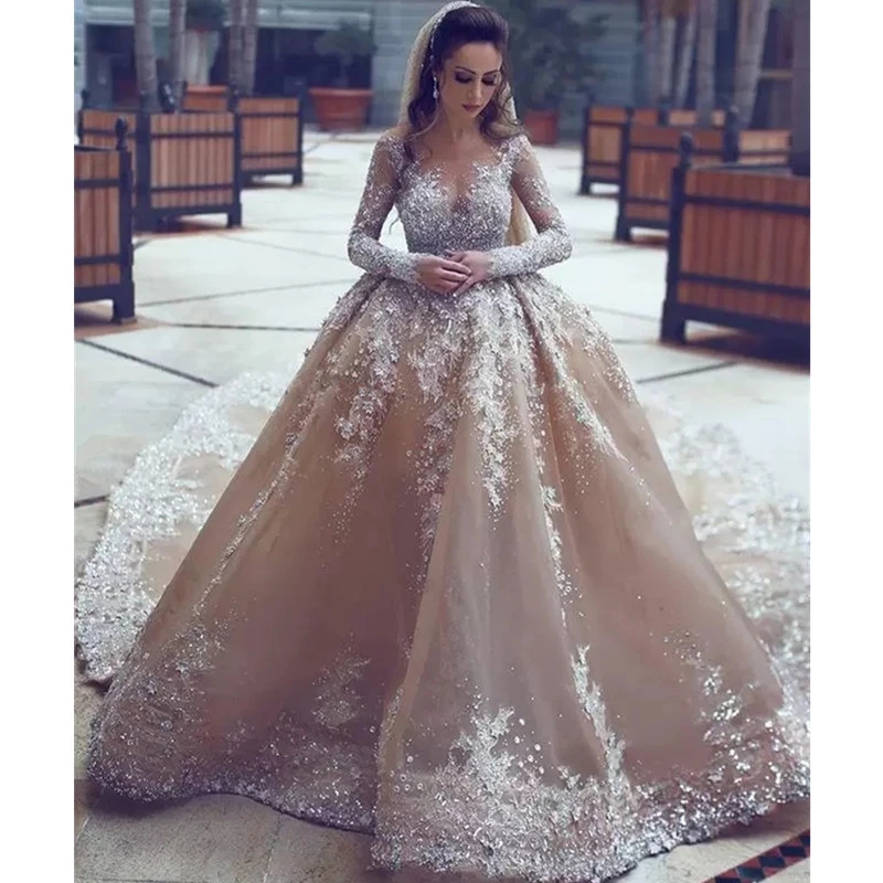 Sparkly Ball Gown Wedding Dresses Sheer Neck Sequins Beaded Tulle Long Sleeves Backless Wedding Gowns Plus Size Bridal Dresses