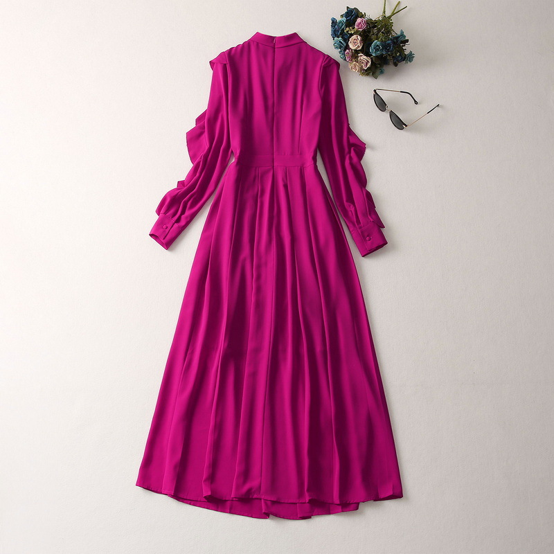 2023 Spring Purple Solid Color Ruffle Dress Long Sleeve Stand Collar Panelled Midi Casual Dresses S3F280104 Plus Size XXL