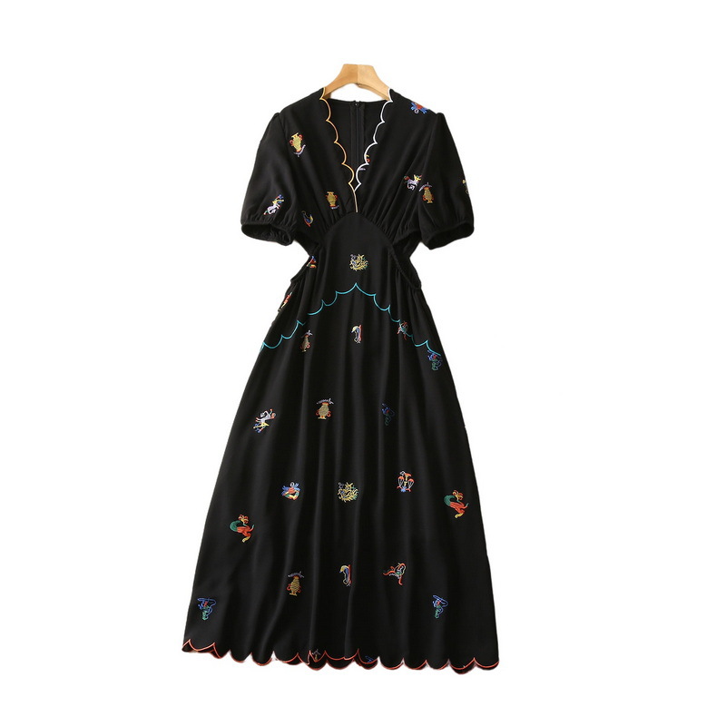 2023 Spring Black Hollow Out Embroidery Cotton Dress Short Sleeve V-Neck Midi Casual Dresses S3F281222 Plus Size XXL