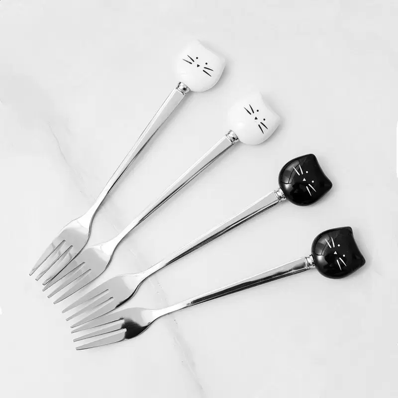 Lovely Cartoon brown spoon white & black Cat Ceramic Handle Spoon Stainless Steel Stirring Coffee Spoon Fork Wedding Favors