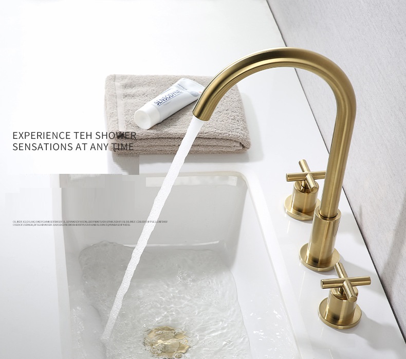 Wire drawing gold separate faucet Hot and cold separate basin faucet three holes bathroom counter pure copper vegetable basin faucet wholesale