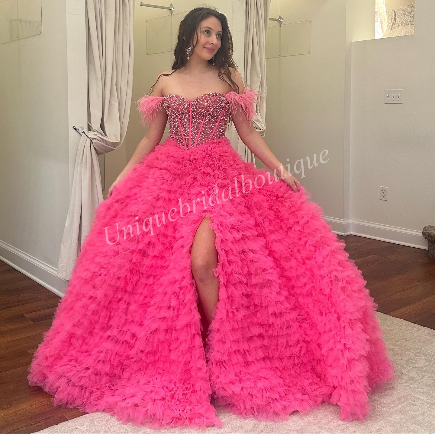 Ruffled Skirt Ballgown Prom Dress 2k23 Beaded Corset Top Pageant Gown Off Shoulder Feathered Sleeves High Slit Formal Event Party Runway Quince Lilac Aqua Candy Pink