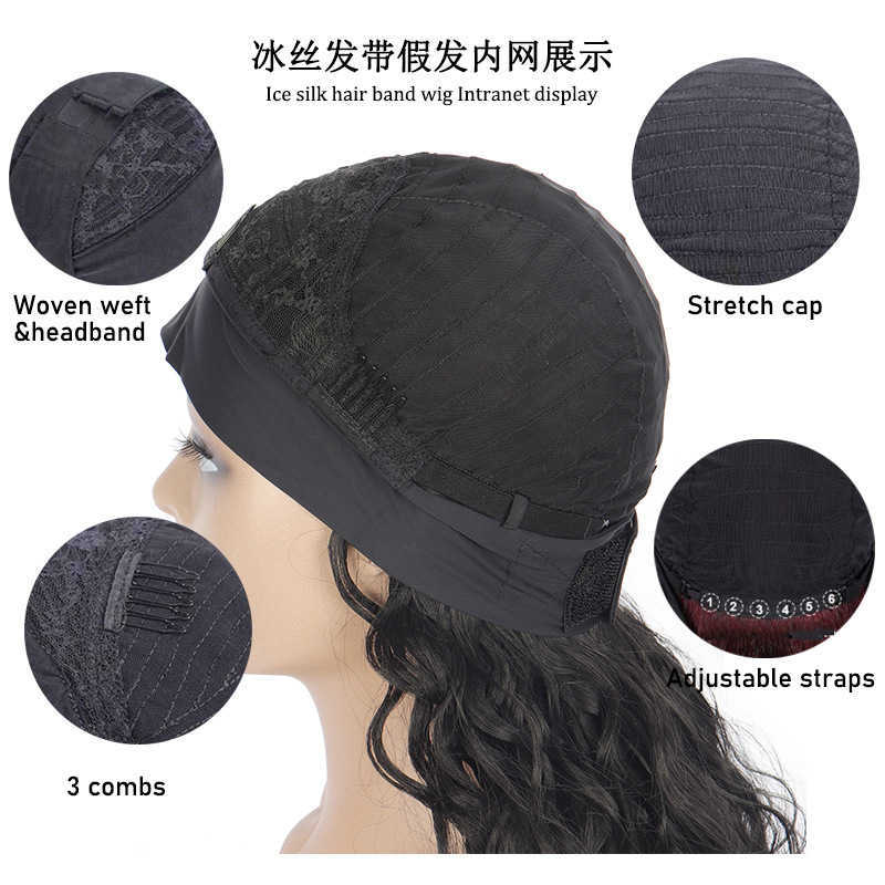 Xuchang Ice Silk Hair Band Wig Black Long Curly Hair Wig Women's Small Curly Chemical Fiber Head Cover Wigs 230301